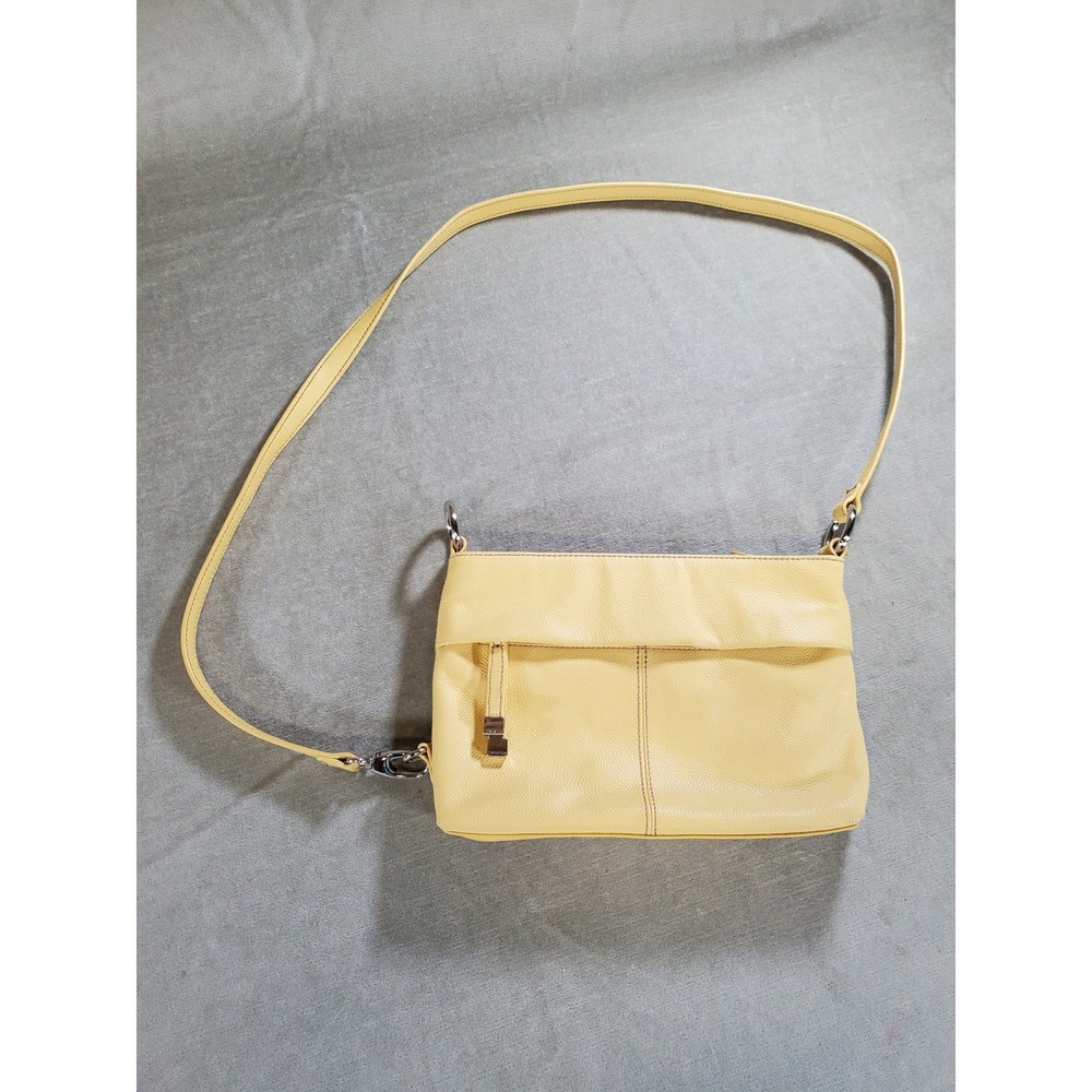 Tignanello Yellow Pebbled Leather Crossbody Bag Organizer Purse Silver Hardware